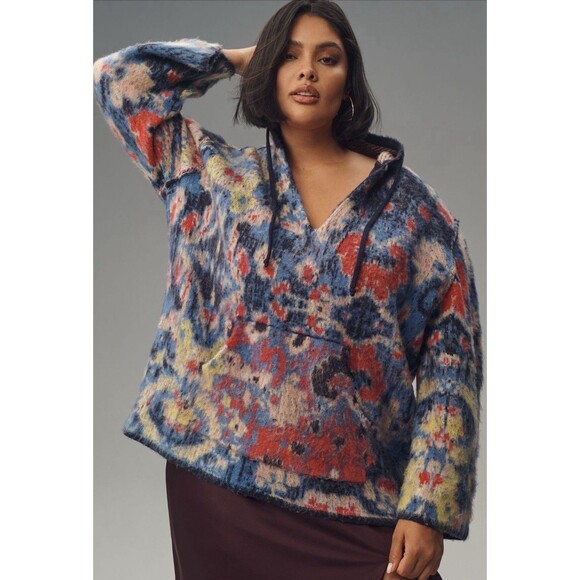 Anthropologie Sweater Women Blue Relaxed Hooded Boho Cottagecore Size XL NWT
